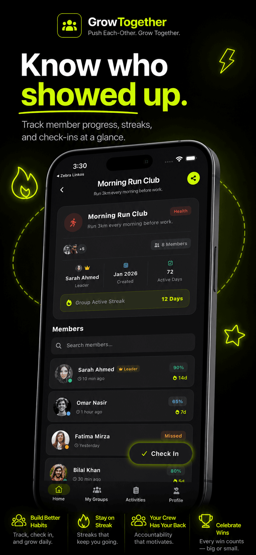 GrowTogether member progress and check-ins