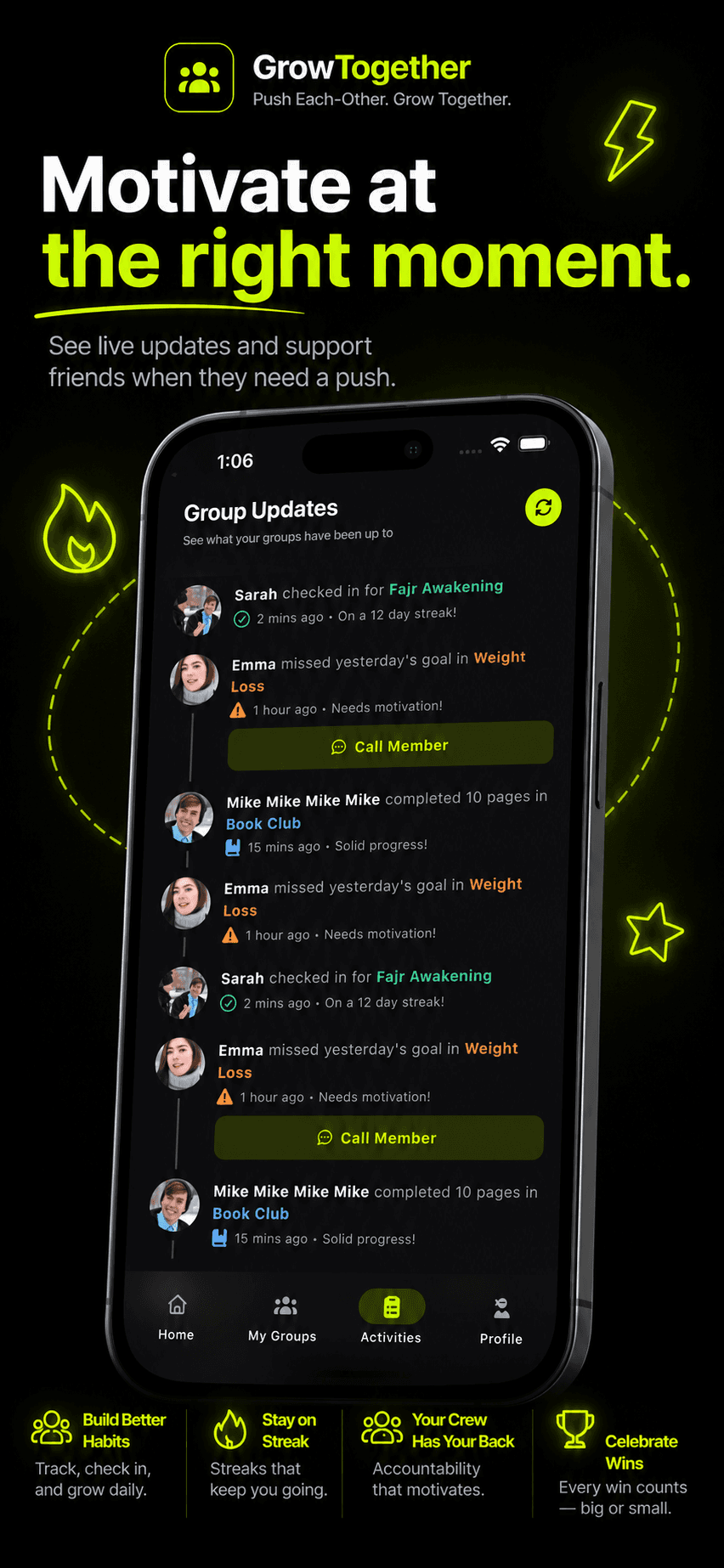 GrowTogether live group activity feed