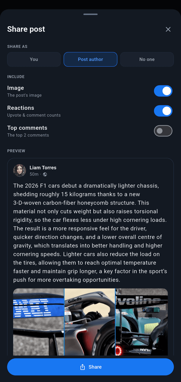 ScroLearn share sheet for choosing what to include in a shared post