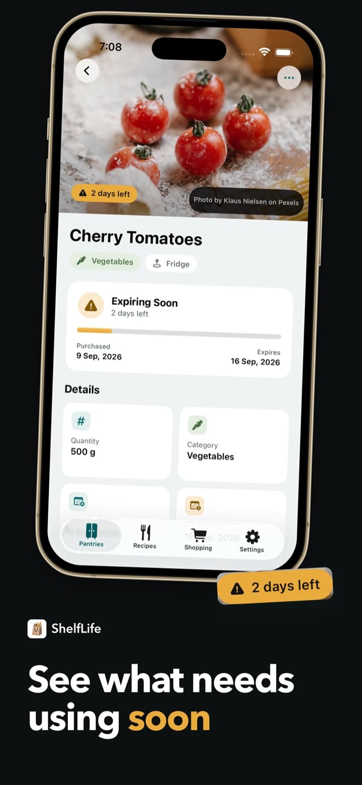 ShelfLife item detail for cherry tomatoes with purchase and expiration dates and two days left
